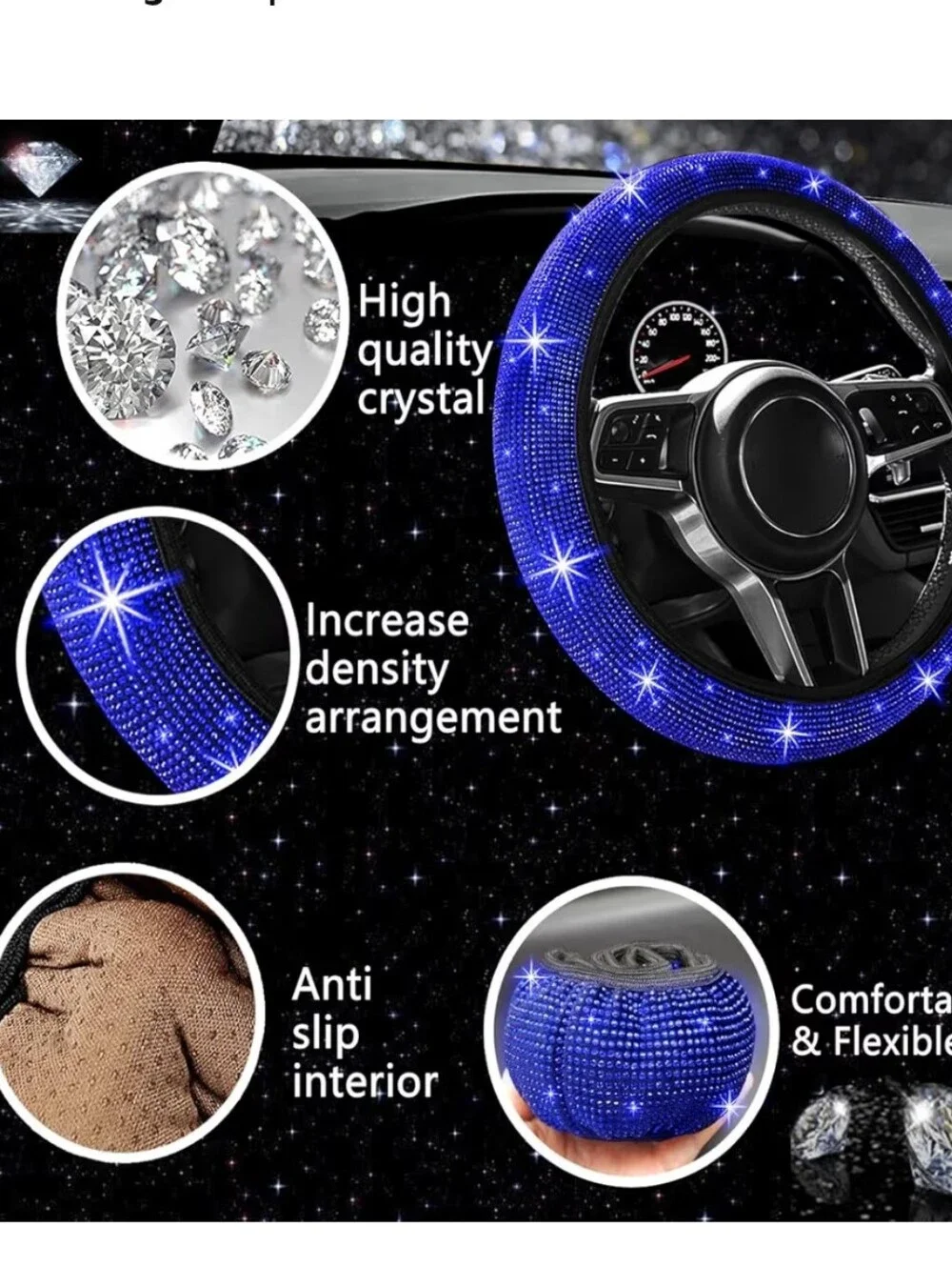 Blue Rhinestone Car Phone Accessory Set - Sparkle Steering Wheel Cover & Holders